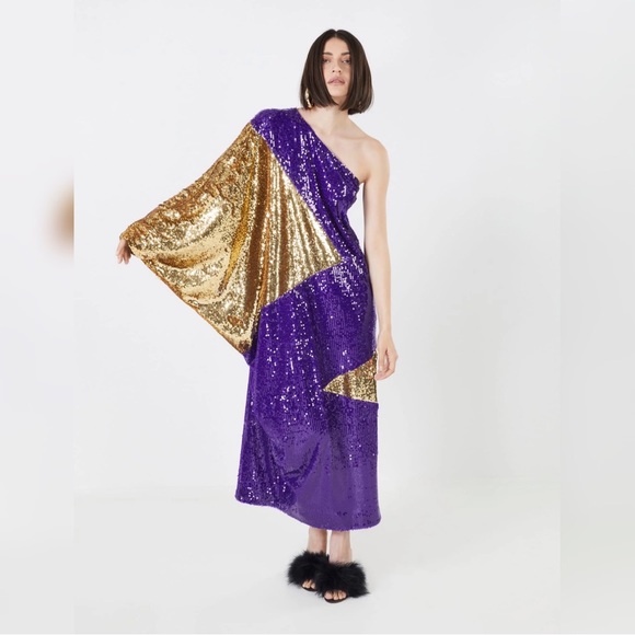 BCBGMAXAZRIA MARCELLO ONE SHOULDER SEQUIN EVENING DRESS